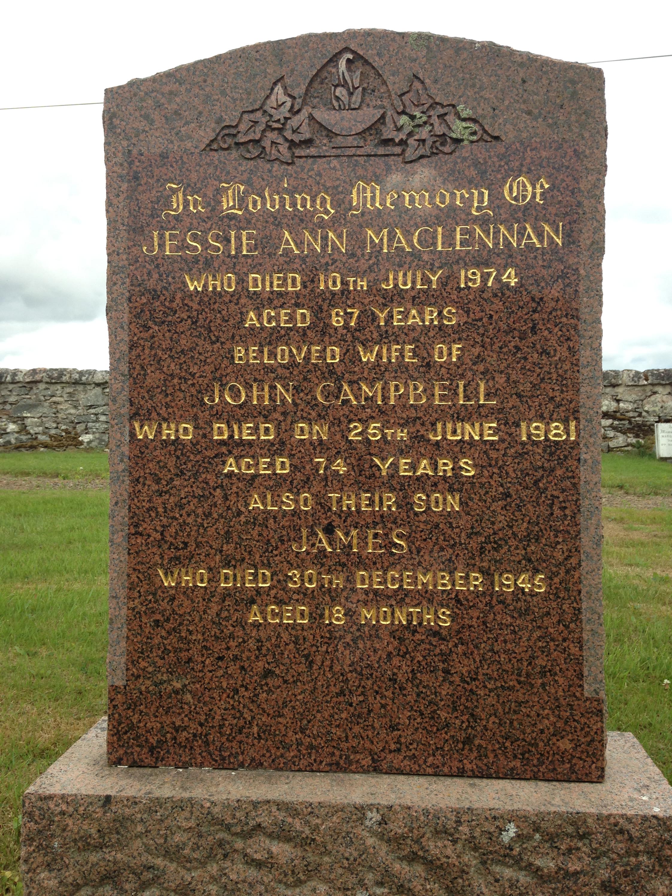 Photo of headstones/Jessie Ann MacLennan died 1974 MI Tongue